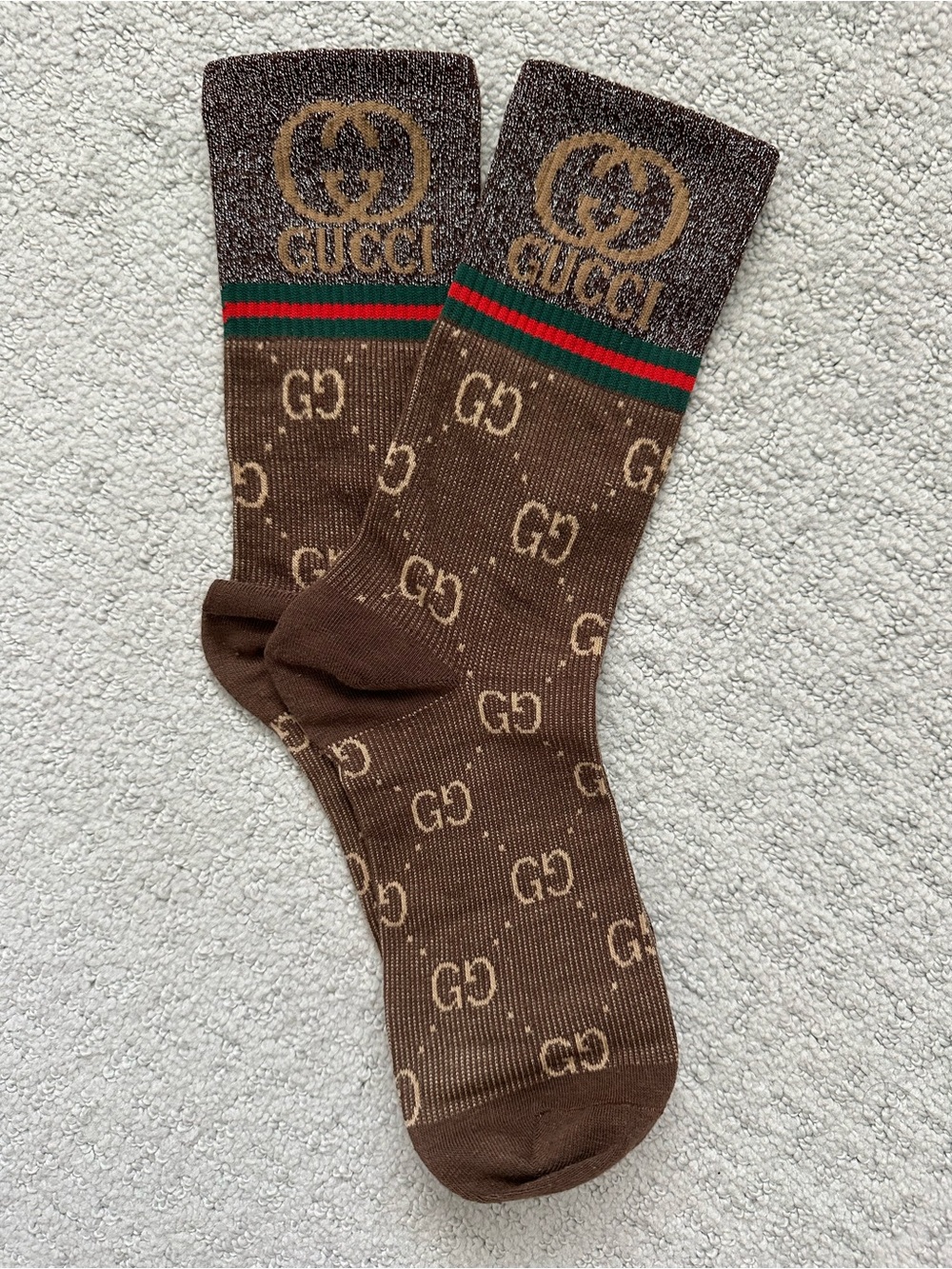 Gucci Brown GG Monogram Socks with Green and Red Stripe